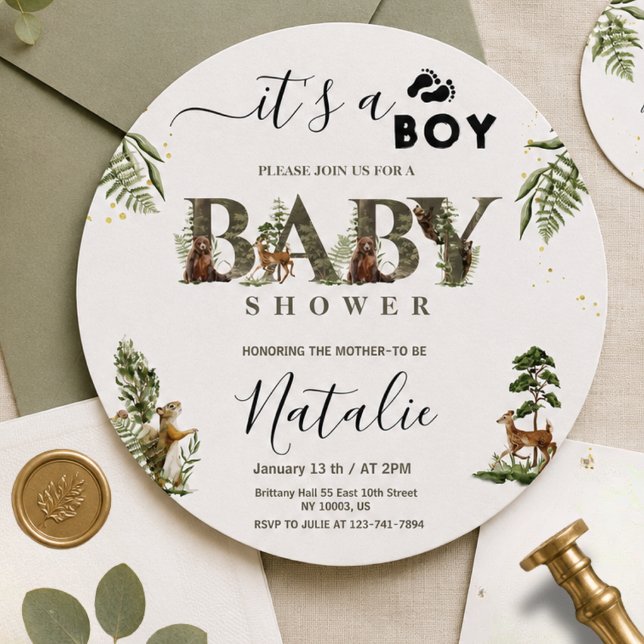 Animais da Floresta de Madeira Chá de Bebê Menino (Woodland Forest Animals Greenery Baby Boy Shower invite)