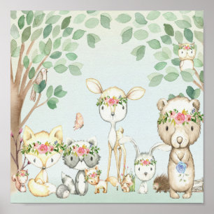 Animais da Floresta Muram Arte Poster Bebê Nursery