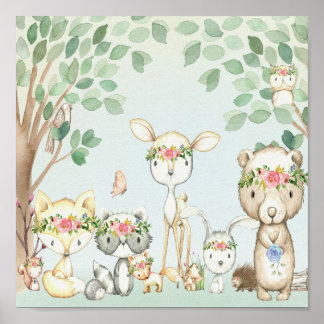 Animais da Floresta Muram Arte Poster Bebê Nursery