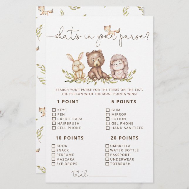 Animais da Floresta O que há no seu jogo de bolsa (Frente/Verso)