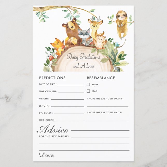 Animais da Floresta Predições para Bebês e Chá de  (Frente)