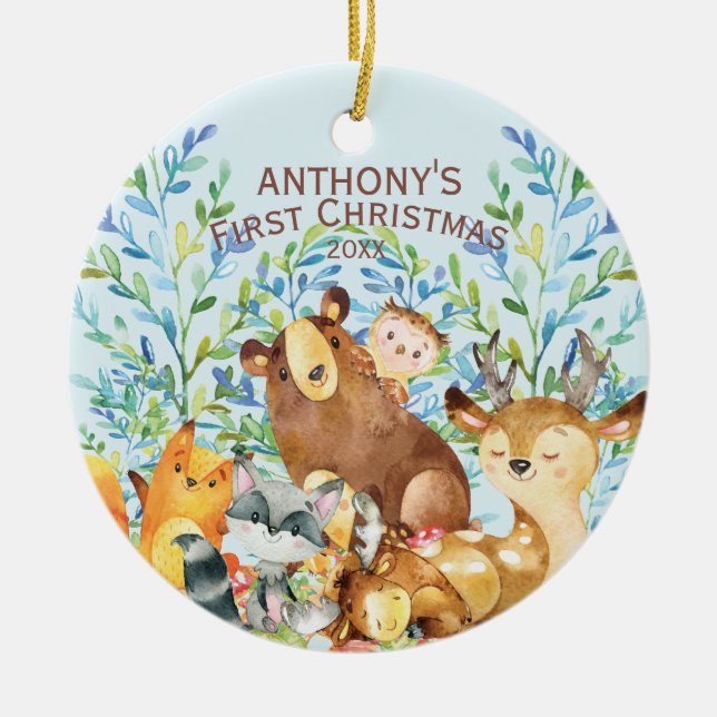 Animais da Floresta Primeiro Natal do Bebê Enfeite (Frente)