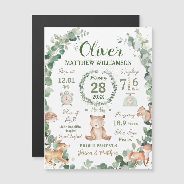 Animais da Floresta Verde Bebê Nascença Impressão (Frente/Verso)