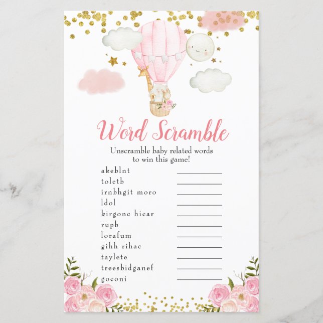 Animais de Balão de Ar Quente Rosa do Jogo do Word (Frente)