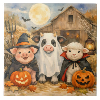 Animais de fazenda de Halloween em aquarela ao lad