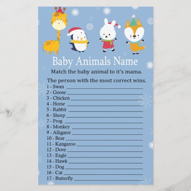Animais de inverno Nome Animais de Bebê chá de fra (Frente)