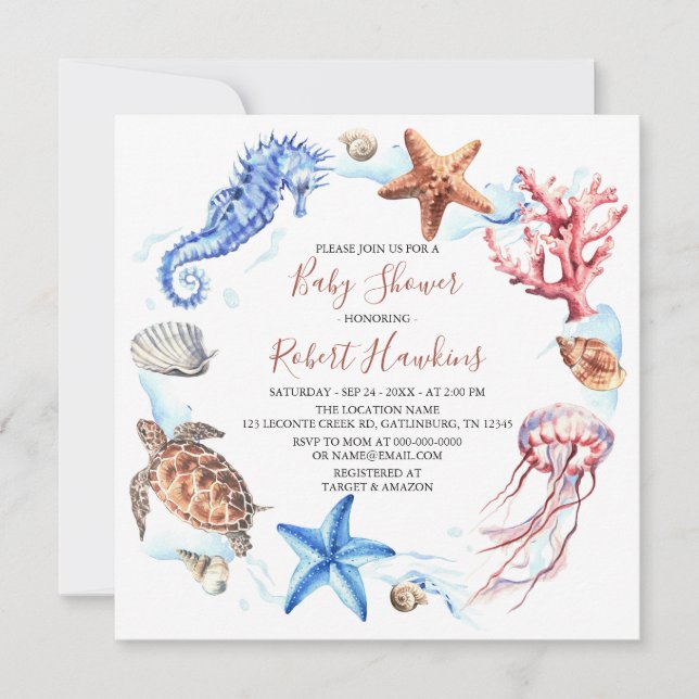 Animais do Oceano Sob Convite Para Chás de fraldas (Frente)