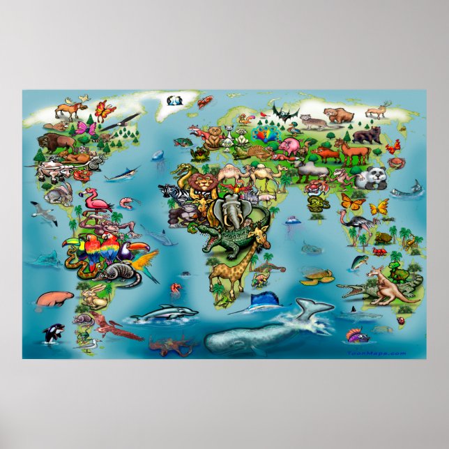 Animais - Mapa Mundial Poster (Frente)