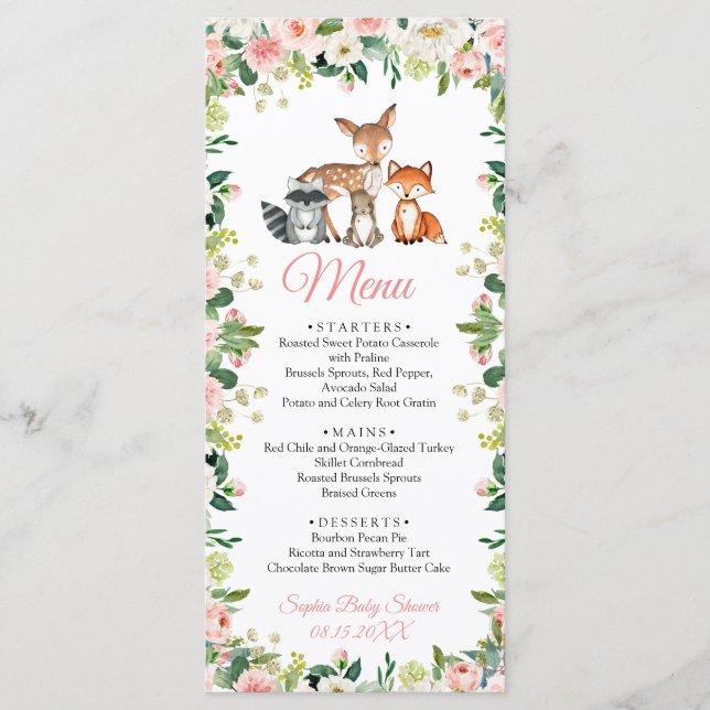 Animais & Rosa Floral Menu Plano Chato para Chá de (Frente)