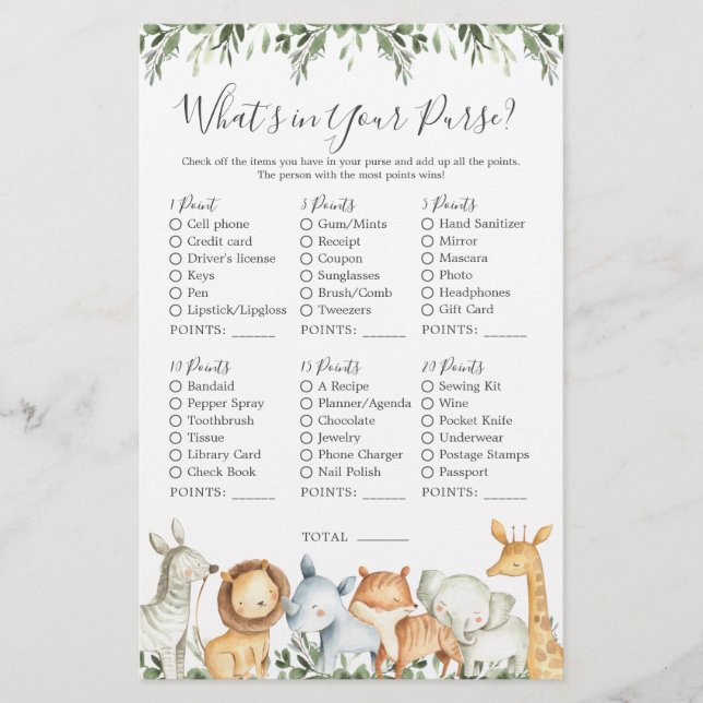 Animais Safari Chá de fraldas O que há na sua bols (Frente)