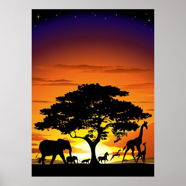 Animais Selvagens em Savannah Sunset Poster (Frente)