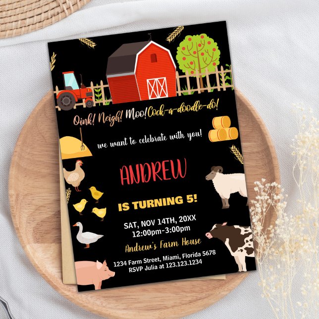 Animais Vermelhos Pretos da Fazenda Verde Convites (Black Red Green Farm Animals Birthday Invitations)