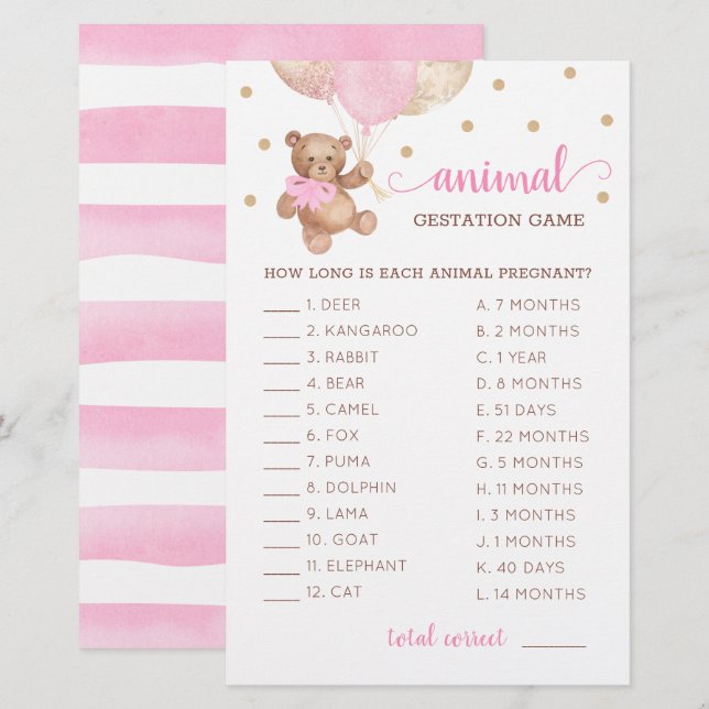 Animal Gestation Game Baby Shower Teddy Bear  (Frente/Verso)