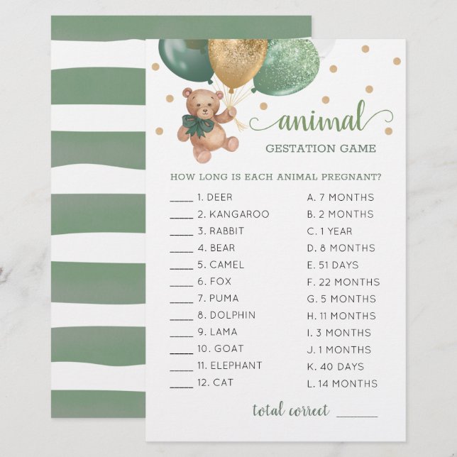 Animal Gestation Game Sage Green Teddy Bear (Frente/Verso)
