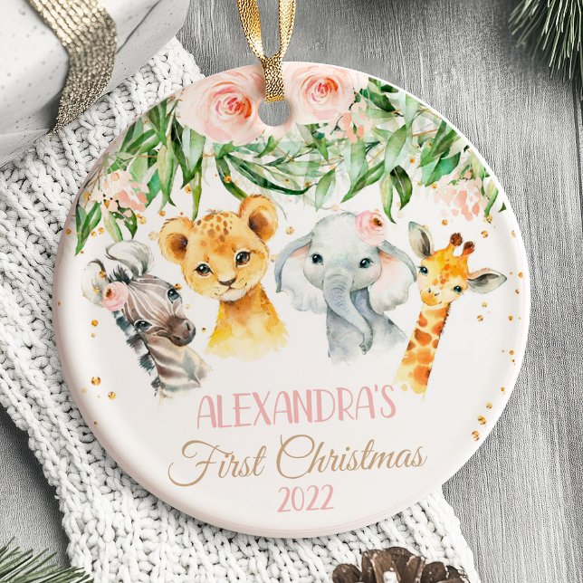 Animal Safari da Primeira Garota do Ornamento de N (Baby's First Christmas Ornament girl safari animals)