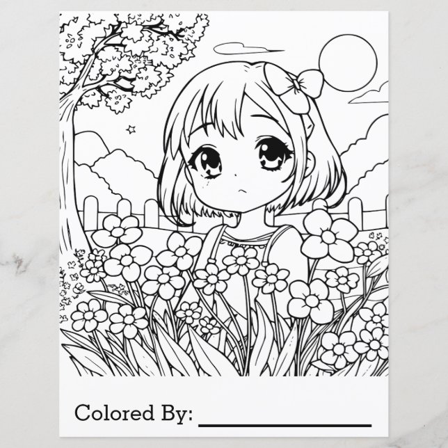 Anime Girl com flores | Página de Coloração (Frente)