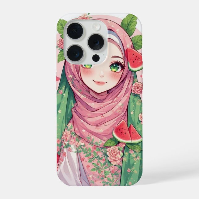 Anime Girl with Watermelon - iPhone Floral 15 Case (Verso)