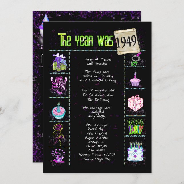 Aniversário Ano 1949 Convite (Frente/Verso)