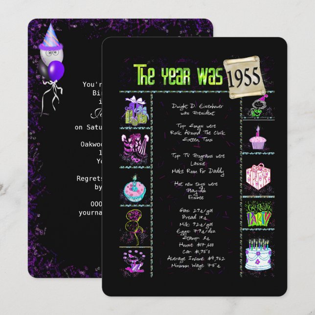 Aniversário Ano 1955 Convite de festas (Frente/Verso)