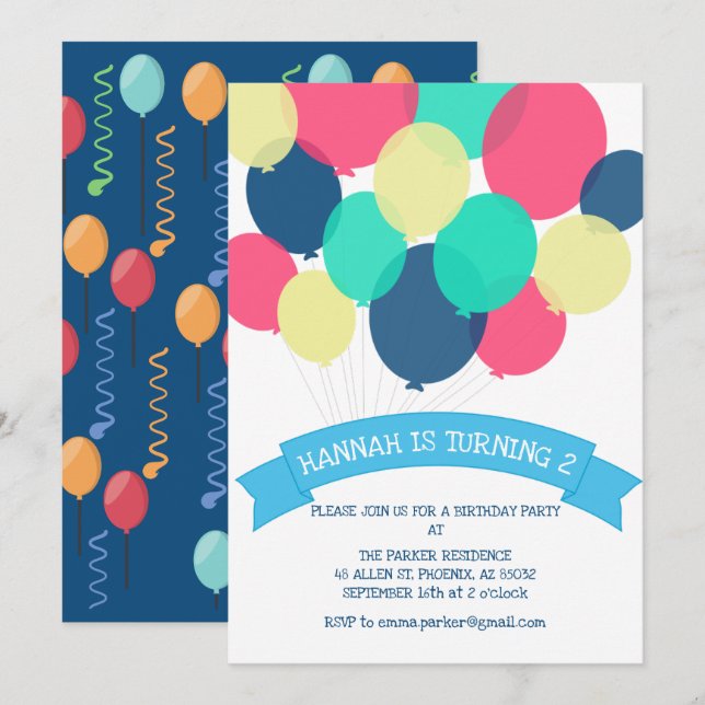 Aniversário Balões Convite de festas Infantil (Frente/Verso)