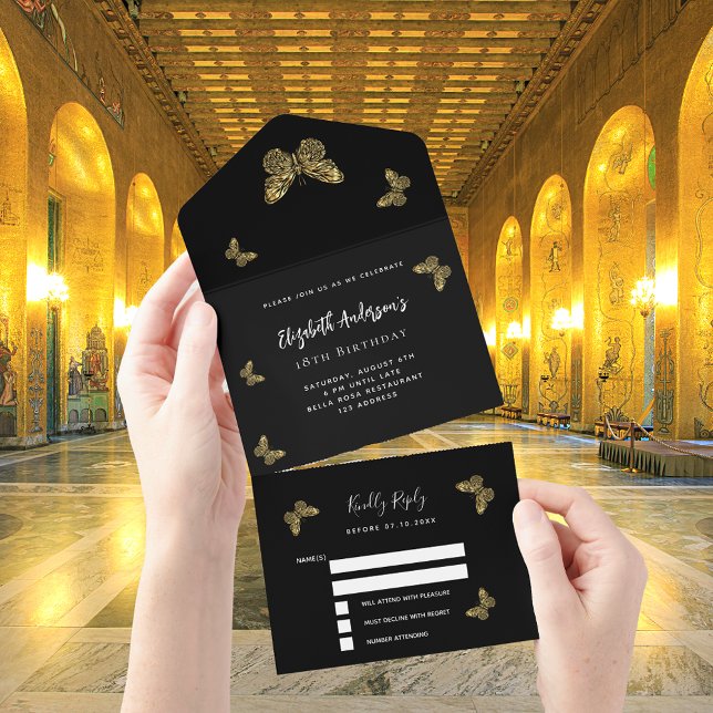 Aniversário, borboletas de ouro preto RSVP (Criador carregado)
