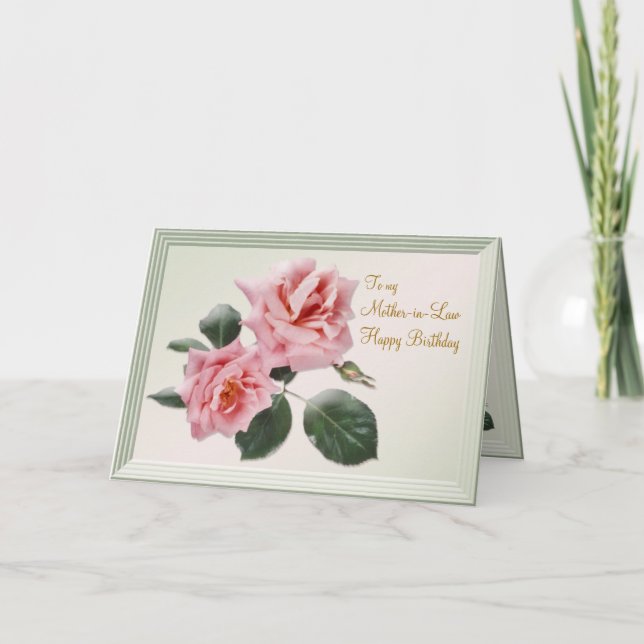 Aniversário, cartão da sogra. Rosas cor-de-rosa (Frente)