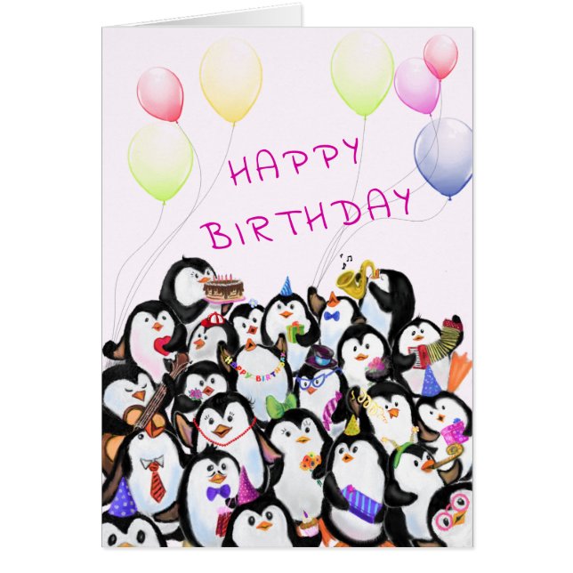 Aniversário Cartão de Bebê Feliz Pinguins Festejar (Frente)