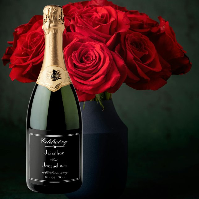 Aniversário Clássico de Casamento Negro e Branco (Classic Chic, Black and White Wedding Anniversary - Sparkling Wine Labels.)