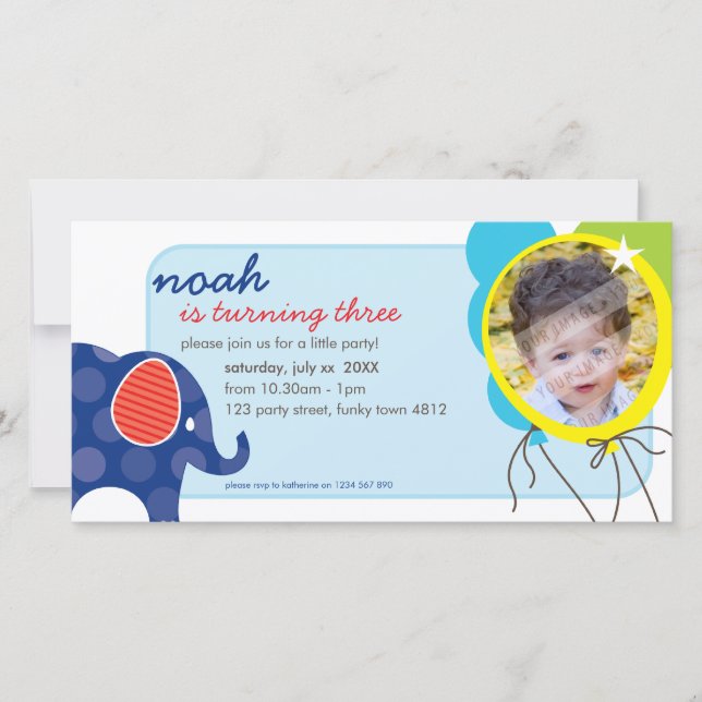ANIVERSÁRIO CONVITE O CARTÕES DE FOTOS: Elefante + (Frente)