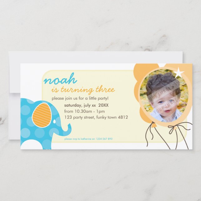 ANIVERSÁRIO CONVITE O CARTÕES DE FOTOS: Elefante + (Frente)