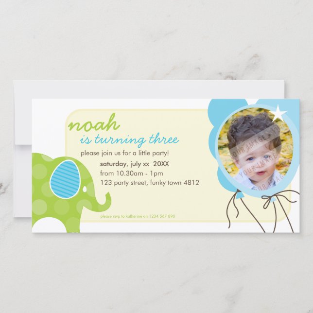 ANIVERSÁRIO CONVITE O CARTÕES DE FOTOS: Elefante + (Frente)