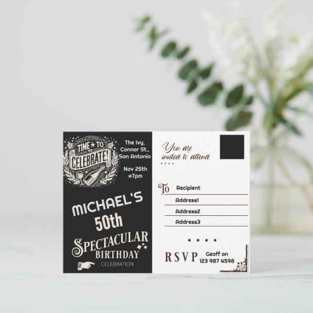 Aniversário Convite preto e branco (Em pé/Frente)