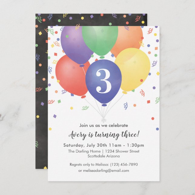 Aniversário Convites com balões de cor clara (Frente/Verso)