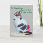 Aniversário, cunhado, cartão Verde-Eyed do gato<br><div class="desc">Um gato verde-eyed e uma bola da ajuda vermelha do fio você comemora o aniversário de alguém especial. Sinta livre mudar o verso interno para serir suas necessidades.</div>
