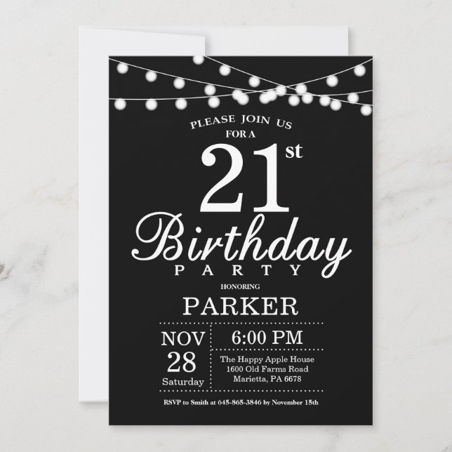 aniversário de 21 anos Convite Preto e Branco (Frente)