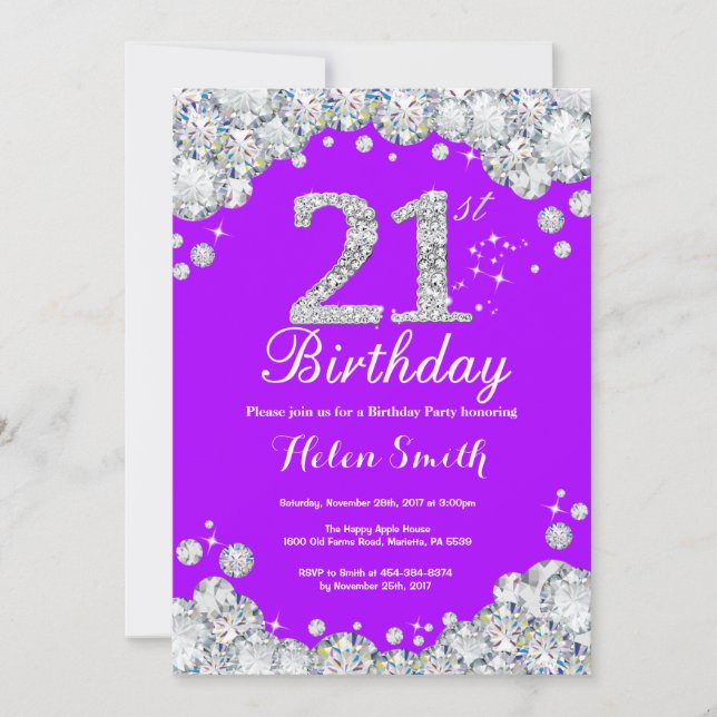 aniversário de 21 anos de Convite Purple e Silver  (Frente)