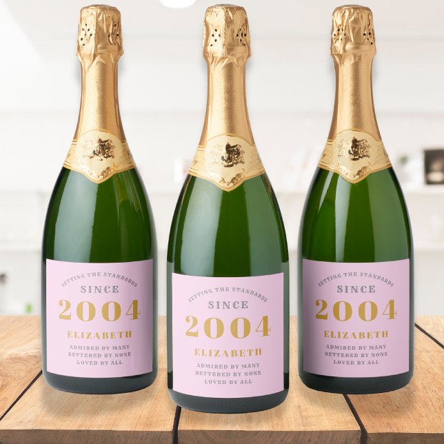 aniversário de 21 anos Nascer 2004 Adicionar Cinza (Personalized 21st birthday pink champagne labels on bottles)