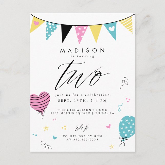 ANIVERSÁRIO DE 2 ANOS | Cartão postal de festa de  (Frente)