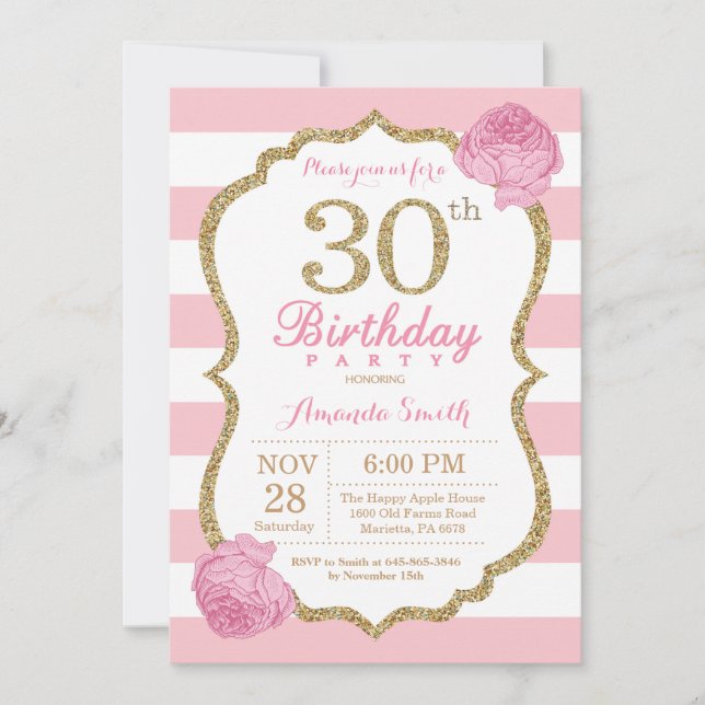 aniversário de 30 anos Convite Rosa e Dourado Flor (Frente)