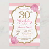 aniversário de 30 anos Convite Rosa e Dourado Flor