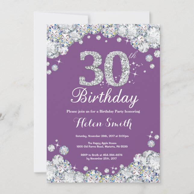 aniversário de 30 anos de Convite Purple e Silver  (Frente)