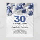 Aniversário de 30 anos do Balão de Silver Azul de<br><div class="desc">Marinho Glam Moderno Balão Azul Prata Brilhante Brilhante Qualquer Convite De Aniversário De Idade</div>