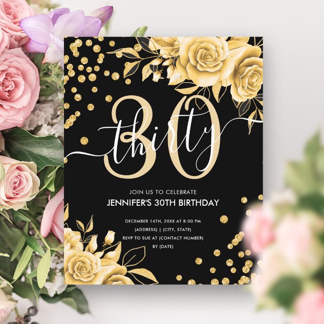 ANIVERSÁRIO DE 30 ANOS Floral Dourado do BUDGET (BUDGET Gold Floral Glitter 30th Birthday Black)