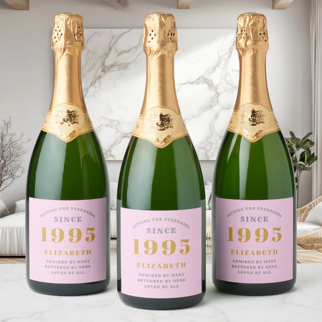 aniversário de 30 anos Nascer 1995 Adicionar Cinza (Pink custom 30th birthday sparkling wine labels on 3 bottles.)