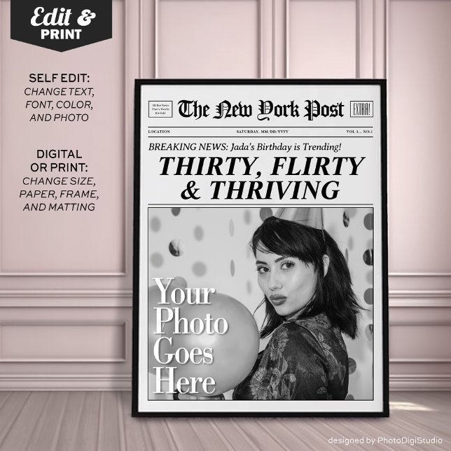 Aniversário de 30 anos personalizado Poster de jor (Personalized 30th Birthday Newspaper Poster Decor, Thirty, Flirty and Thriving Newspaper Print)