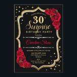 Aniversário de 30 anos Surpresa - Convite vermelho<br><div class="desc">Convite para aniversário de 30 anos surpresa. Preto feminino,  design vermelho com ouro brilhante falso. Apresenta rosa vermelha,  fonte de script e confetti. Perfeito para uma bolsa mensageifesta de aniversario elegante. Pode ser personalizado para mostrar qualquer idade. Envie-me uma mensagem se precisar de mais personalização.</div>