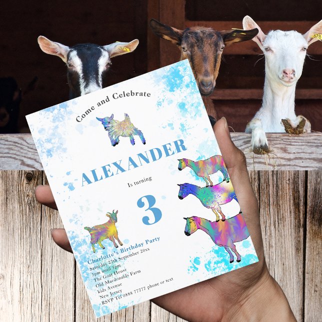 Aniversário de 3 anos do festival de animais de cr (Cute goats colorful farm animal watercolor art 3rd birthday party blue budget invitation )