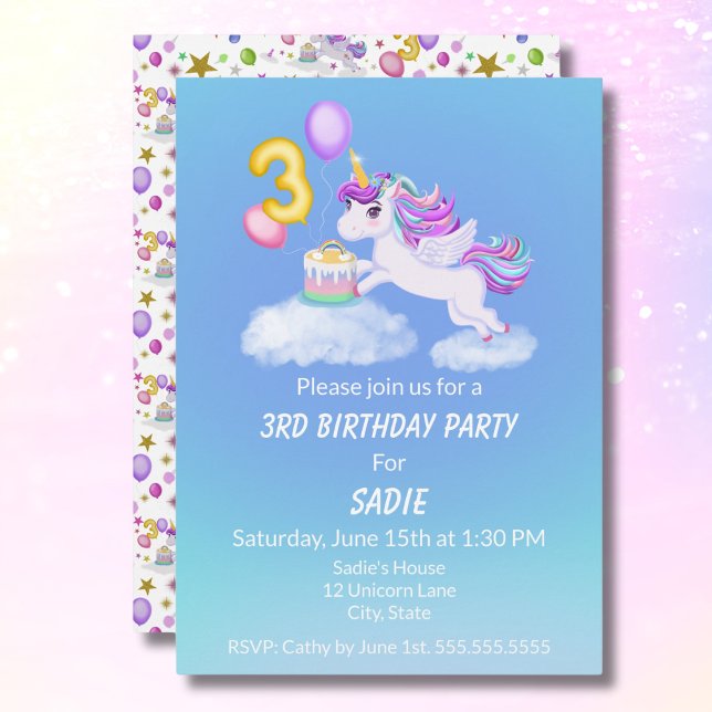 aniversário de 3 anos Unicorn Com Convite De Bolo (Criador carregado)