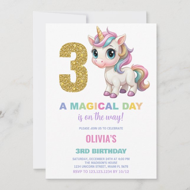 aniversário de 3 anos Unicorn - Convites de Aniver (Frente)
