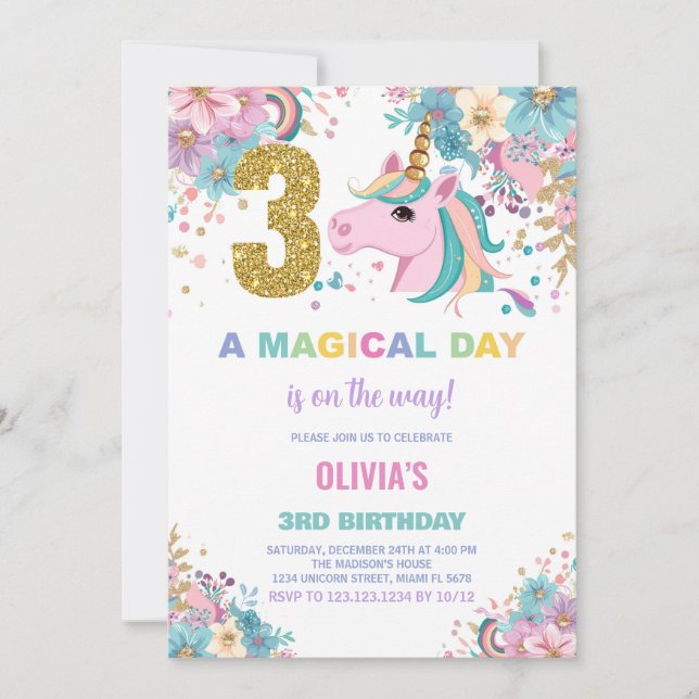 aniversário de 3 anos Unicorn - Convites de Aniver (Frente)